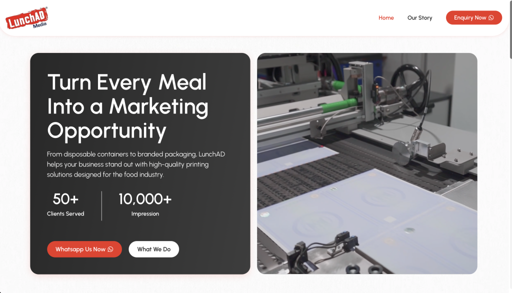 an example of a lead generation website, Lunch Ad Media, a branded food packaging company